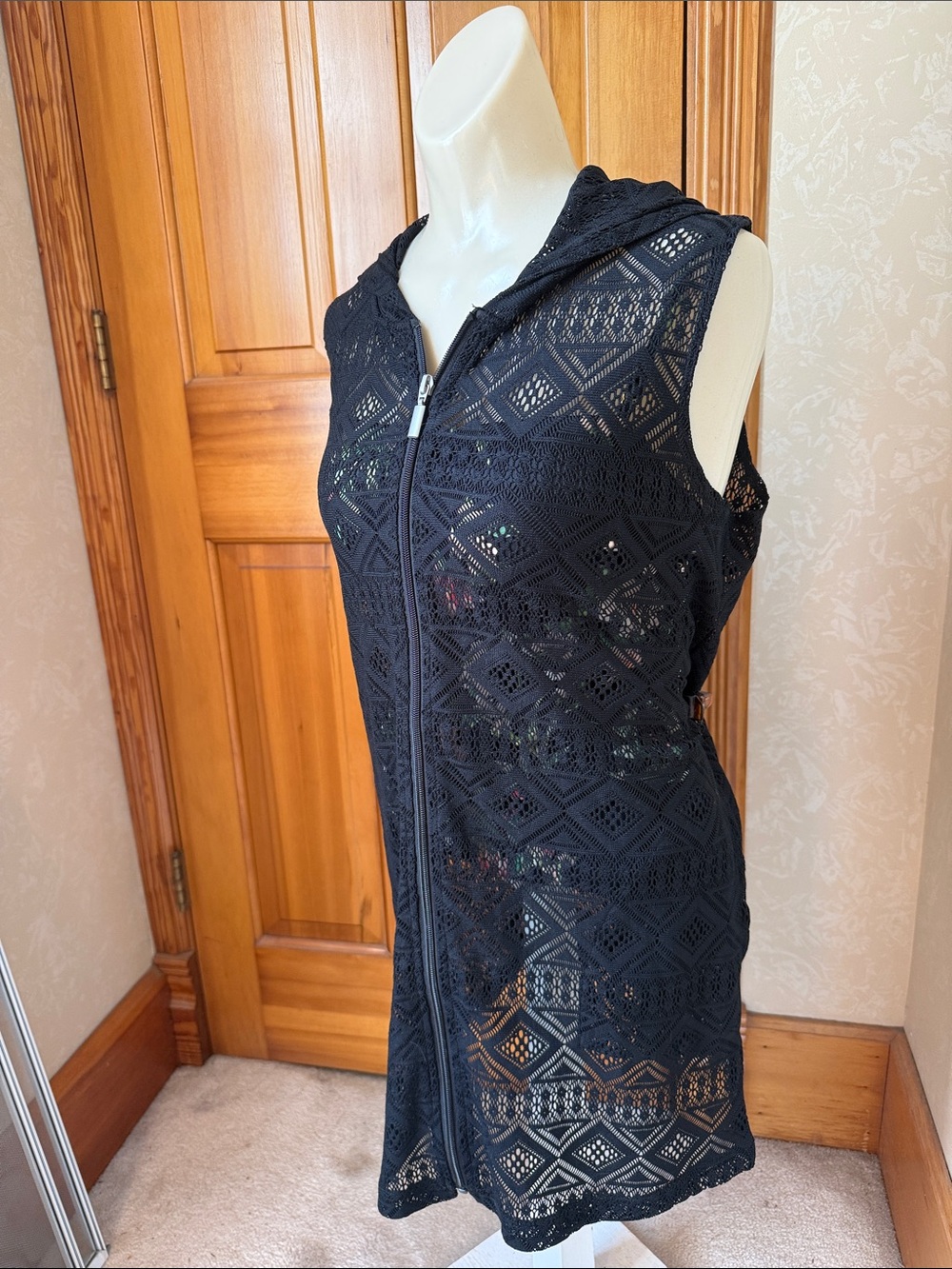 Black Sleeveless Hooded Zip-Up Swim Cover Up.